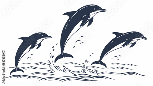 Three Dynamic Dolphins Leaping High Out of Ocean Waves for Travel Vacation or Marine Life Education Design