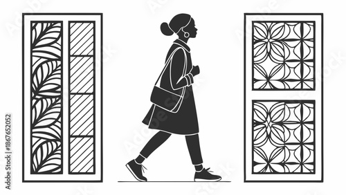 Silhouette of Young Woman Walking Confidently Between Decorative Architectural Screens for Modern Lifestyle or Travel Design