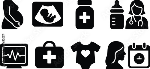 pregnancy, maternity, icons, pregnant woman, ultrasound, medicine, baby bottle, doctor, heart monitor, first aid kit, baby onesie, calendar, pregnant, woman, baby, health, healthcare, medical, child, 