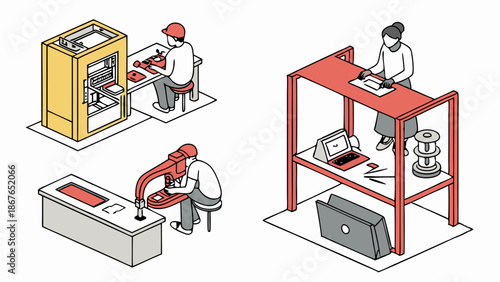 Small Scale Manufacturing Workshop with Workers Using 3D Printer and Assembly Tools for Product Prototyping and Repair