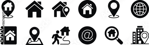 real estate, location, icon, house, property, search, map, navigation, address, pin, home, apartment, building, directory, website, app, contact, support, web design, vector, illustration, graphic, sy