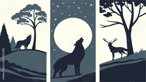 Wolf Howling at Moon Silhouette Triptych Wildlife Nature Illustration for Adventure Travel or Rustic Decor Design