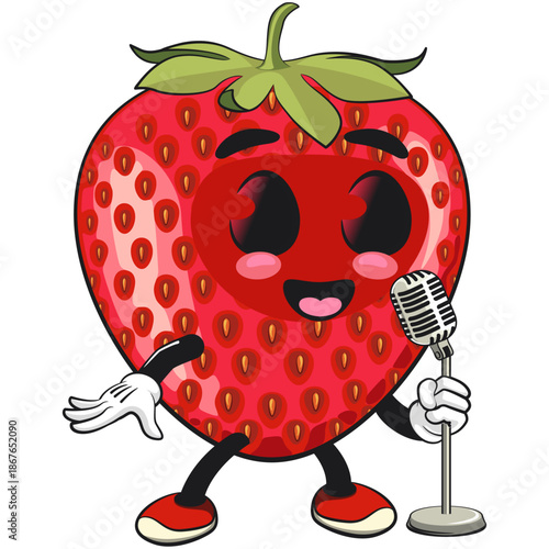 cute strawberry cartoon mascot character on front of the mic smiling vector illustration, work of hand drawn