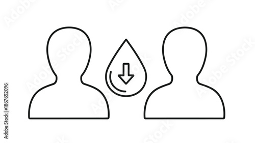 Simple line drawing depicting two figures surrounding a water droplet with an arrow