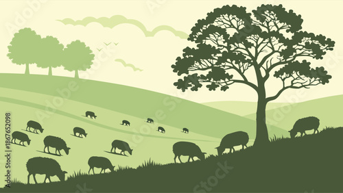 Pastoral Landscape with Sheep Grazing on Rolling Green Hills Under Large Oak Tree for Agriculture and Nature Design
