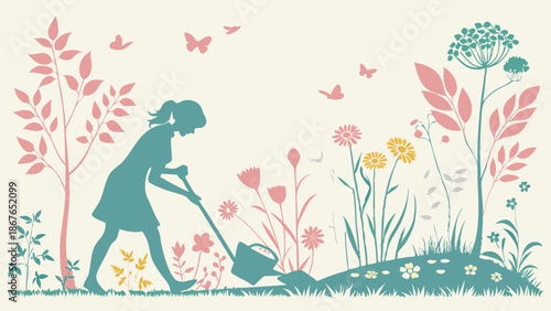 Gardening Woman Silhouette Watering Flowers in Spring Meadow for Eco Lifestyle Blog Web Design Summer Season