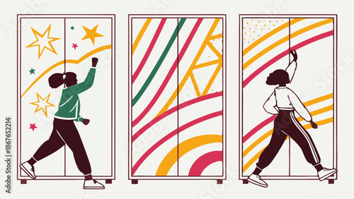 Diverse Young People Opening Colorful Wardrobes Representing Self-Expression, Identity Choice, and Personal Growth Journey