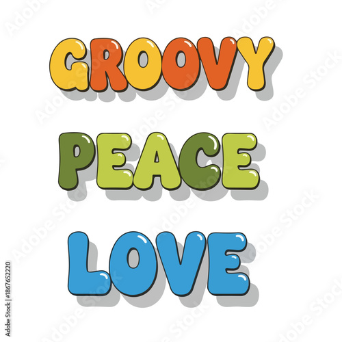 Vibrant psychedelic text with groovy peace love words isolated on white background.