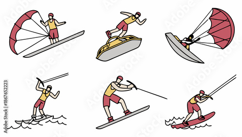 Dynamic Water Sports Icons Set Kitesurfing Wakeboarding Parasailing Summer Vacation Thrill Activities for Adventure Websites