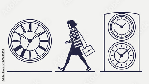Woman Commuting Past Clocks Representing Time Management Deadlines and Punctuality for Professional Scheduling