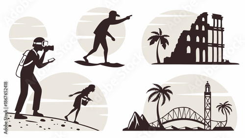 Travel and Tourism Icons Silhouette Set Photographer Surfing Ruins Bridge for Vacation Brochures Web Design Adventure Exploration