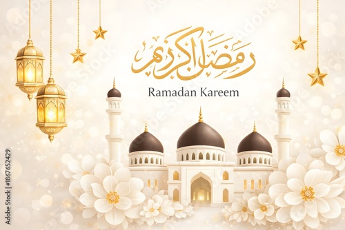 Wallpaper Mural Ramadan kareem elegant white mosque background with hanging lanterns and soft floral design Torontodigital.ca