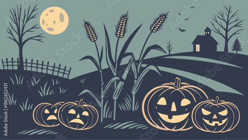 Spooky Halloween Night Scene with Carved Jack O Lanterns Pumpkins Harvest Corn Field for Holiday Promotion Design