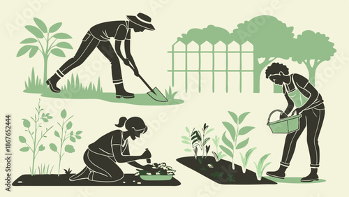 Diverse People Gardening Together Planting Seeds Harvesting Vegetables for Sustainable Living and Healthy Eating Lifestyle