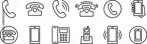 phone, telephone, communication, icon, line, outline, contact, call, mobile, smartphone, support, customer, service, set, vector, device, connection, landline, office, business, technology, classic, r