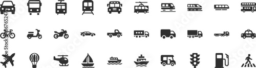 transportation, vehicle, icon, vector, set, glyph, car, bus, train, truck, taxi, bicycle, motorcycle, airplane, helicopter, boat, ship, van, traffic light, gas station, pedestrian, travel, transport, 