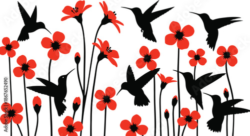 Hummingbirds and Red Flowers Silhouette Art