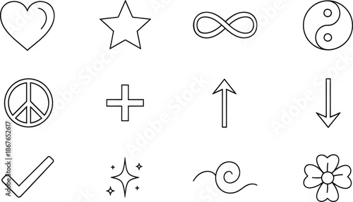A collection of simple black and white line art icons and symbols for various purposes