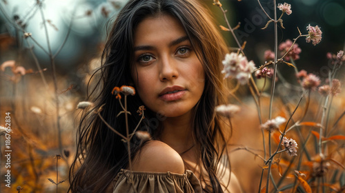 A woman with long dark hair stands in a field of wildflowers.