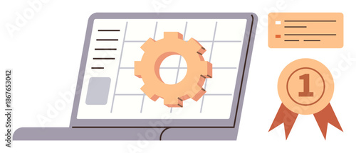Business productivity, quality assurance, technical solutions, project management, skill certification, innovation. Laptop screen features a gear, certificate and award ribbon. Business productivity
