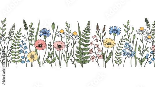 A serene illustration of wildflowers and foliage in a natural setting from a frontal viewpoint