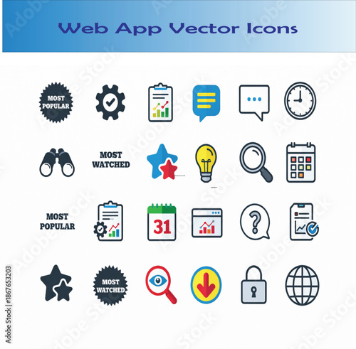 A flat vector illustration of a modern SaaS UI icon set displayed in a clean, evenly spaced grid layout. The icons feature a minimalist design with rounded corners, consistent stroke weight, and simpl