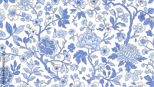 Intricate floral pattern illustration featuring blue flowers and foliage on a white background from a close-up viewpoint