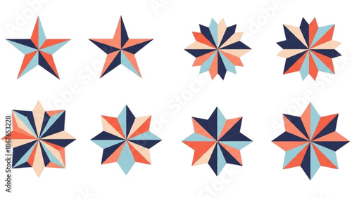 A collection of eight star-shaped designs with varying colors and patterns on a white background