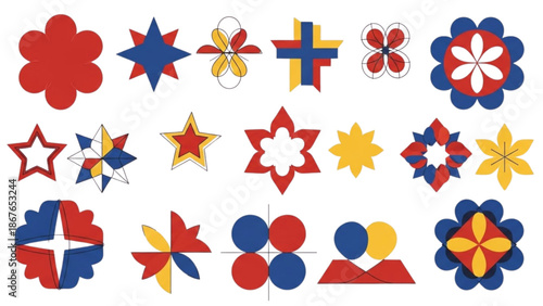 Vibrant graphic elements arranged in a grid pattern showcasing abstract shapes and designs in red, blue, and yellow hues against a white background