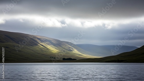Serene lake surrounded by green mountains.