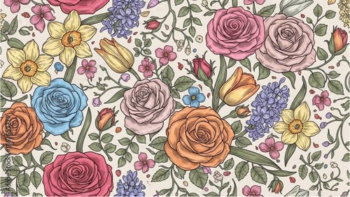 A vibrant floral pattern featuring roses and daffodils in a lush garden setting from a top-down viewpoint