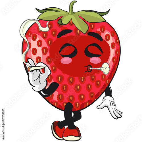 cute strawberry cartoon mascot character smoke calmly vector illustration, work of hand drawn
