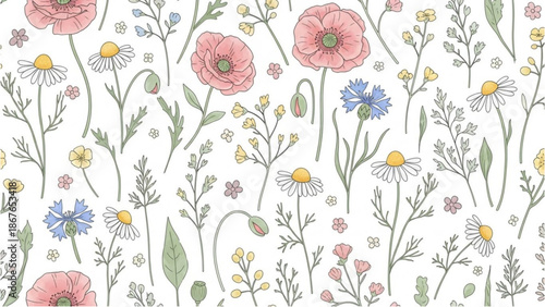 A serene illustration of wildflowers swaying gently in a lush meadow from a bird's eye view