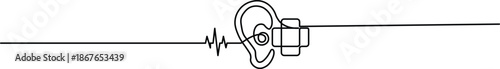 Continuous one-line drawing of a medical ear icon with a cross. Minimalist symbol for audiology and ear health. Simple black line art on a white background.