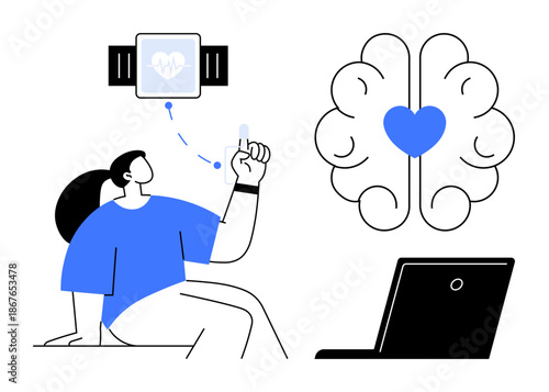 Health tech, wellness tracking, wearable devices, mental health, remote monitoring, innovation. A person interacts with sensors, smartwatch brain-heart interface and laptop. Wellness tracking