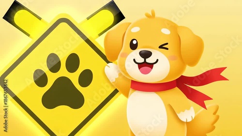 Animated Pet Safety Campaign: Cute Puppy Character Waving Near Paw Print Warning Sign