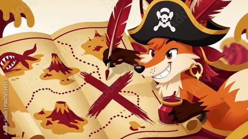 Animated Pirate Fox With Map Marking Treasure Location On Wavy Background Illustration