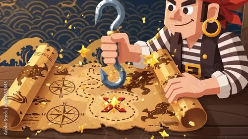 Animated Pirate Discovers Hidden Treasure on Old Map In Tropical Setting