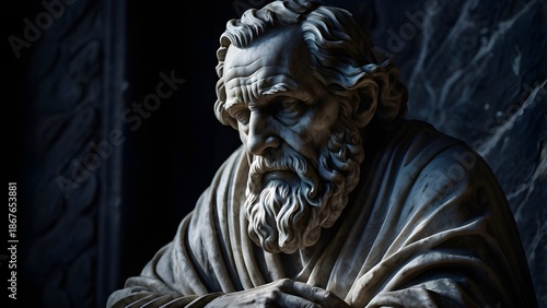 Moody classical marble sculpture of an old philosopher, emotional depth, shadows carved into stone, black and white statue