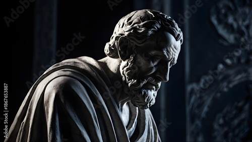 Moody classical marble sculpture of an old philosopher, emotional depth, shadows carved into stone, black and white statue