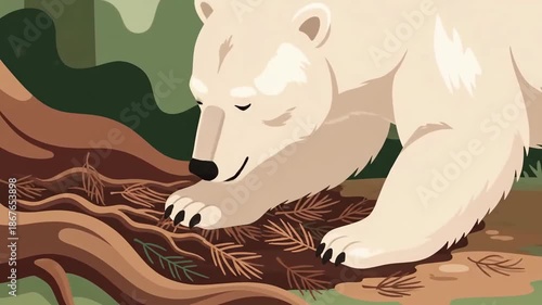 Animated Polar Bear Exploring A Forest Landscape Illustration In Flat Vector Style