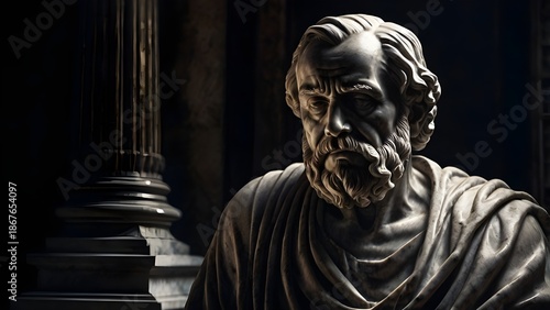 Marble sculpture of an old philosopher, emotional depth, shadows carved into stone, black and white statue