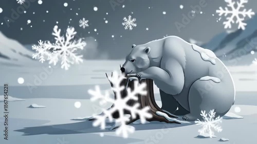 Animated Polar Bear Resting On A Tree Stump In A Snowy Landscape Video Sequence