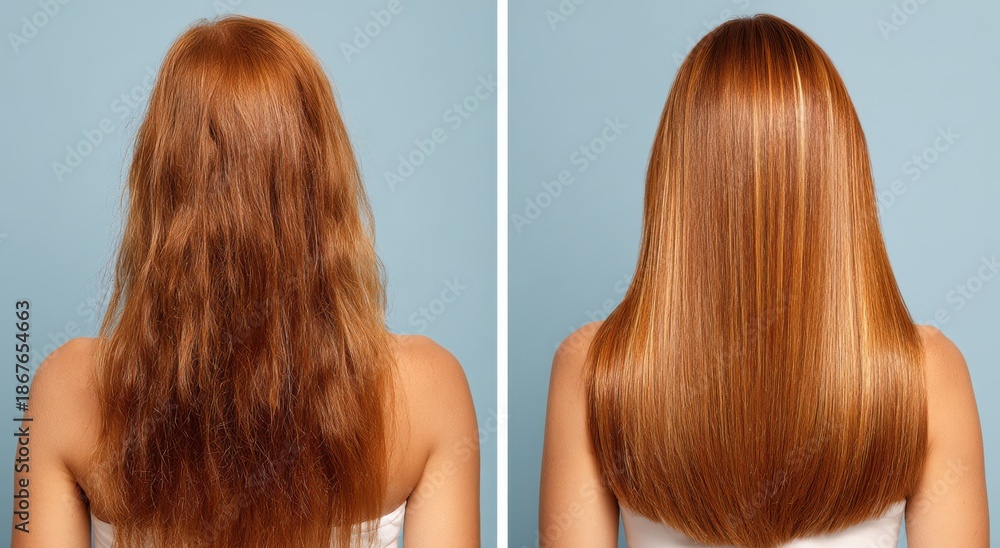 Fototapeta premium Hair Transformation: A visual comparison of damaged, frizzy hair morphing into a silky, shiny, and smooth mane.