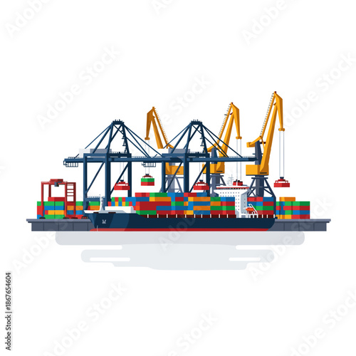 giant cargo ship at industrial port with cranes loading colorful containers for logistics blogs, maritime websites, shipping presentations, trade awareness, with copy space