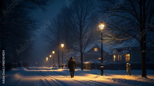 Snowy residential street at night time.