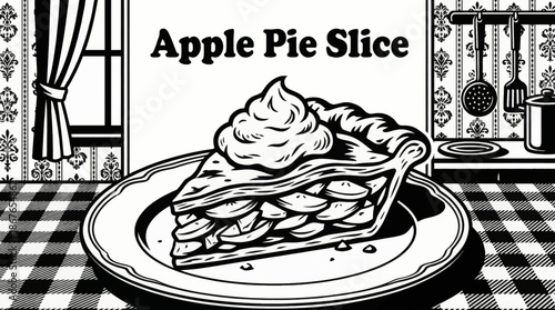 Apple Pie Slice with Whipped Cream Vector Monochrome illustration of a traditional American