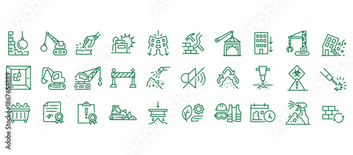 Demolition and construction icon set featuring building teardown, heavy machinery and site safety gear. Includes environmental compliance and permit documentation in detailed line vector illustration.