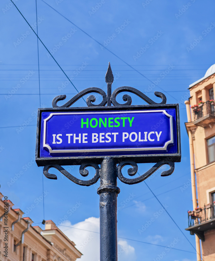 Obraz premium Honesty is the best policy symbol. Concept words Honesty is the best policy on beautiful blue road sign. Beautiful blue sky background. Business honesty is best policy concept Copy space