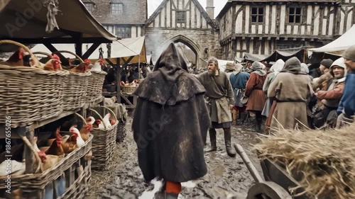 Bustling crowd of adults and merchants trading goods in a medieval village market. Concept of historical commerce and community